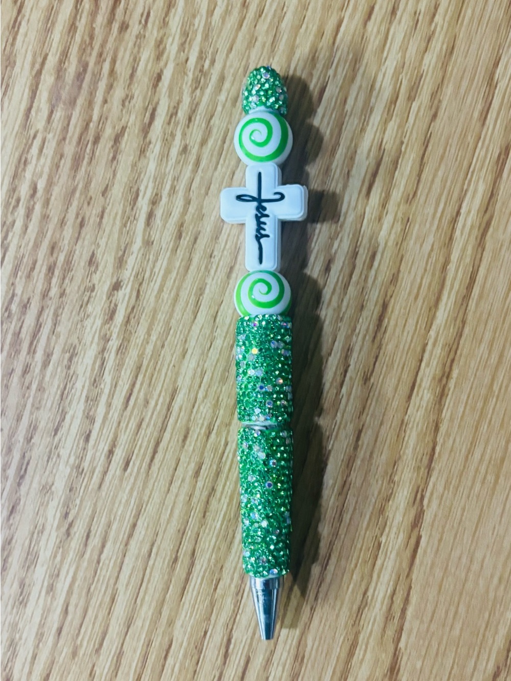 Green Glitter Cross Pen with Swirl Accents